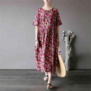 문학적이고 예술 복고풍 면화와 대마 허리띠로 느슨한 소매 긴 210331와 작은 깨진 꽃 드레스