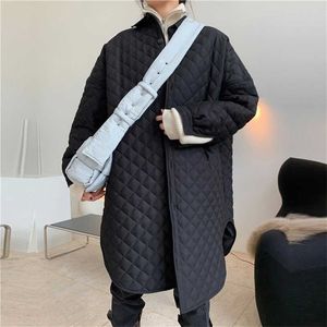Winter Parka Thick Fashionable Silhouette Argyle Shirt Quilted Cotton Coat Female Oversize Thin Long Warm Jacket Women 211013