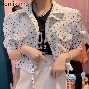 Nomikuma Chic Dot Women Jacket Causal Puff Sleeve Turn-down Collar Coat Spring Summer New Korean Short Outerwear 6H230 210427