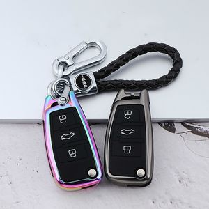 Galvaniserad legering bil nyckelfall för A3 A4 A6 A8 TT Q7 3 Knappar Folding Remote Fob Protector Cover Black Keychain Bag Auto