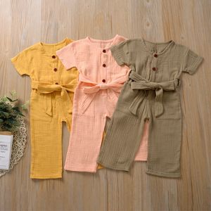 품질 세련된 ins 유아 아기 소녀 jumpsuits 바지 jumpsuits 린넨 코 튼 벨트 빈 코튼 키즈 여자 rompers onesies 0-2 T 2065 Q2