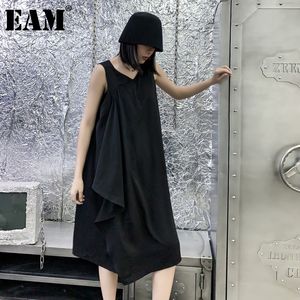 [Eam] Kvinnor Svart Stor Storlek Asymmetrisk Casual Dress V-Neck Ärmlös Lös Passform Mode Vår Sommar 1DD7648 21512