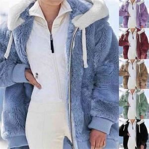 Kvinnor Vinter Tjock Varm Coat Solid Långärmad Fluffig Hårig Fake Fur Jackor Outwear Kvinna Plus Storlek Zipper Overcoat 210922