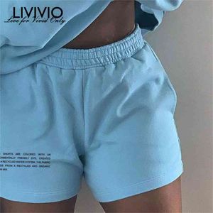 [Livivio] Soild Cotton Shorts女性プラスサイズの手紙プリントスウェットパンツポケットショートパンツサマーストリートウェアジョガーズショーツ210625