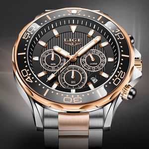 Titta på män Lige Sport Rostfritt stål Vattentät Mens Klockor Toppmärke Luxury Quartz Gold Clock Armbandsur Mäns Chronograph 210527