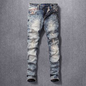 Mode Streetwear hommes jean haute qualité rétro gris bleu déchiré élastique coton coupe ajustée peint concepteur Denim pantalon 5CDD