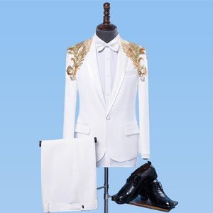 Formell Vit Mäns Passar Guld Sequins Slim Tuxedo Singer Stage Performance Kostymer Bröllopsfest Prom Host Chorus Suit Blazers