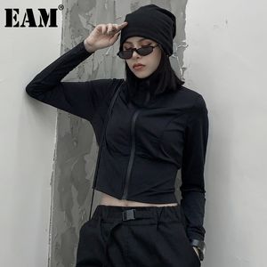 [EAM] Loose Fit Black Zipper Slim Short Casual Jacket Lapel Long Sleeve Women Coat Fashion Spring Autumn 1DD7649 21512