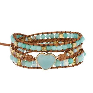 Heart Amazonite Bracelet Natural Stone Leather Wrap Bracelets Gemstones Healing Balance Meditation Spiritual Jewelry For Women Tennis