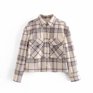 Vintage Frau Beige Lose Plaid Wollhemd Jacke Frühling Mode Damen Taschenmäntel Weibliche Casual Übergroße Outwear 210515