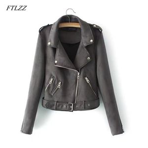 Höst Kvinnor Faux Suede Jacket Coat Slim med bältet Zipper Kvinna Kort Punk Soft Leather Outwear 210430