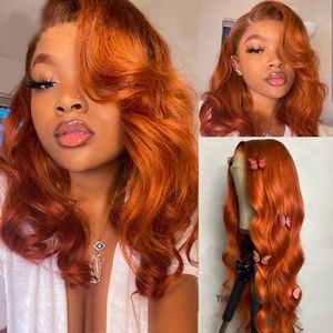 Högtemperaturfiber Orange Ingefära Färg 13x4 Body Wave Spets Front Peruker Förplockade brasiliansk vågig 180 % densitet limlös syntetisk peruk för kvinnor