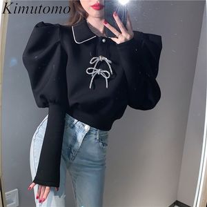 Kimutomo Kvinnor Elegant Solid T-shirt Korea Chic Kvinna Turn-down Collar Bow Knappar Puff Sleeve All-Matching Toppar Casual 210521