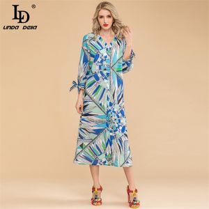 여름 패션 느슨한 플러스 사이즈 드레스 디자이너 여성 V 넥 단일 가슴 프린트 휴일 빈티지 미디 210522