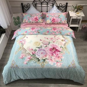 Vårblomma Blommor Duvet Cover Set Borstat bomullssängkläder för vinter Queen / King Size 4pcs Companter Bed Sheet Sets