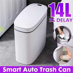 14L Touchless Smart Motion Sensor Trash Can Electronic Automatic Household Bathroom Toilet Waterproof N Seam Bin 211222