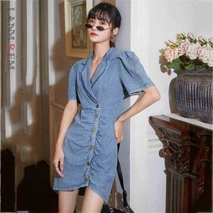 Women Blue Denim Mini Dress Pleated Buttons Arrivals Notched Short Sleeve Loose Fit Fashion Summer 2E1652 210526