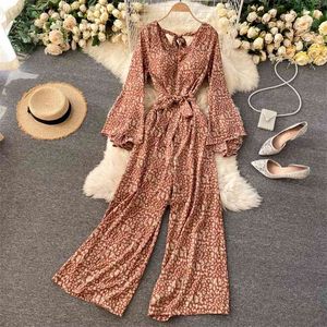 Autumn Style European American Jumpsuit Fashion Temperament Lace-up Flared Sleeves Slim Wide-leg Pants UK647 210506