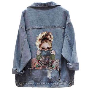 Women Denim Jacket Fashion Streetwear Letter Stylish Chic Printed Ripped Holes Jean Patchwork BF Style Jeans Female Coat 210422