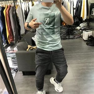 Male T-shirt Stretch Slim Embroidery Letters All-match Simple Summer New Fashion Trend Tee Mercerized Cotton Men's Clothing M-4XL