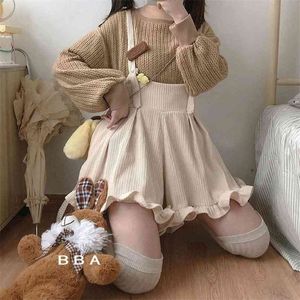 Estilo coreano Kawaii calças macacões sólidos corduroy playsuits mulheres ruffles solto verão harajuku lazer macio feminino macacão 210925