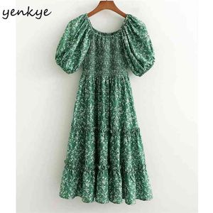 Prairie Chic Summer Dress Women Green Floral Print Female Lantern Sleeve O Neck Knee Length Big Swing Vestido 210514