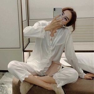 Pajamas Women Korean Sexy Laciness Ice Silk Pajama Set Summer Autumn Long Sleeve Two-piece Set Sweet Princess Style Home Clothes 210831