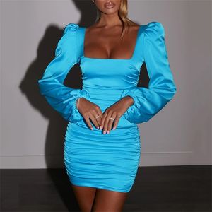 Satin Puff-Sleeve Ruched Dress For Women Solid Square Collar Sexy Dresses Ladies Streetwear Backless Zip Vestidos 210607