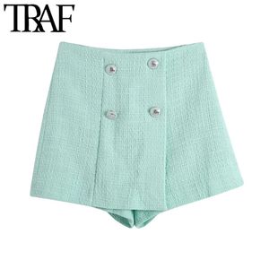 Kvinnor Chic Mode med knappar Tweed Shorts Kjolar Vintage High Waist Side Zipper Kvinna Skorts Mujer 210507