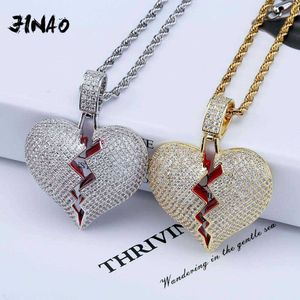 JINAO Fashion Broken Heart Iced Out Chain Pendant Necklace Statement Gold Color Cubic Zircon Necklace Hip Hop Men's Jewelry Gift X0707