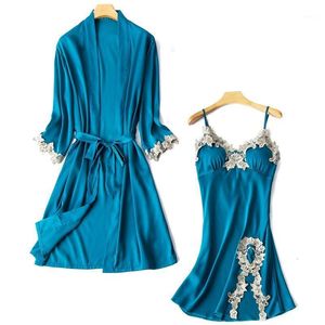 Women's Sleepwear Women Sexy Lace Trim Wedding Robe Set Faux Silk 2 Piece Kimono Bathrobe Gown Suspender Nightgown Suit