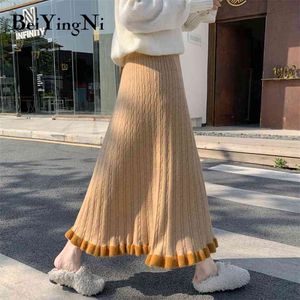 Knitted Skirt Women Autumn Winter Maxi Long Pleated Retro Spell Color Large Size Leisure Harajuku Fashion 210506