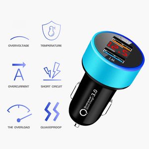 Dual USB 3.1 QC3.0 Fast Charging Digital Display LED Car Chargers 5V 2.4A 2USB Ports Aluminum Universal 18W Power Adapter Charger