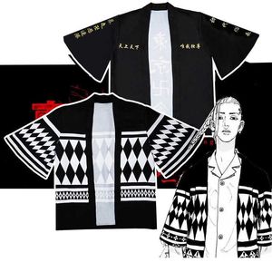 Tokyo revengers cosplay cloak anime svart vit topp för sommaren hanagaki takemichi ken ryuguji haori kimono tee män kortärmad y0903