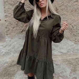 Vintage Woman Dark Green Ruffle Cotton Dress Spring Fashion Ladies Soft A-Line es Female Chic Streetwear 210515