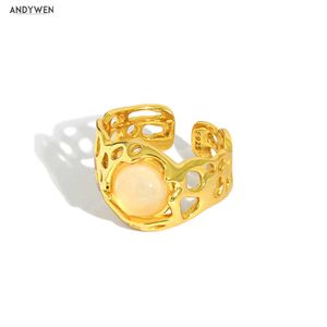 Andywen 925 Sterling Silver Gold Milk Gems Hollow Work Resizable Rings Adjustable Women Jewelry Rock Punk Fashion Jewels 210608