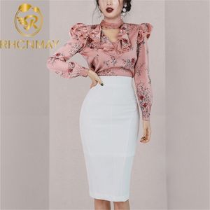 Damska Dwa kawałek Wiosna Sukienka Koreańska Wersja Slim Róża Koszula Drukuj Długim Rękawem Top Moda Solid Color Spódnica Suit 210506