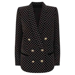 High Street Est Designer Blazer Women's Lion Knappar Sjal Collar Classic Plaid Glitter Embellished Velvet Jacket 210521