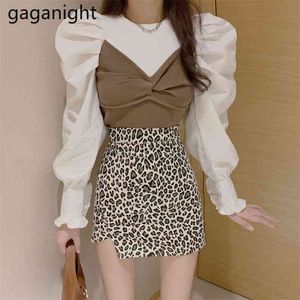 Mode kvinnor två bitar uppsättning puff långärmad patchwork blouse leopard mini kort kjol chic kostym flickor outfit hösten 210601