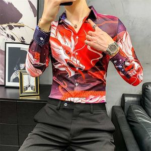 Kinesisk stil Dragon Print Men Shirts Chemise Homme Långärmad Slim Fit Casual Shirt Social Party Nattklubb Män Kläder Camisa 210527