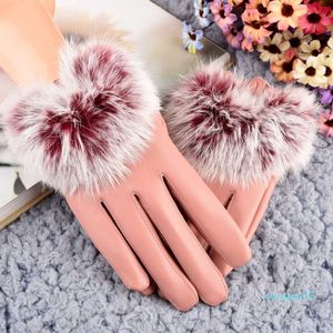 fashion Korean Mittens screen leather women's autumn and winter Plush warm student outdoor cycling wind proof waterproof rabbit hair gloves