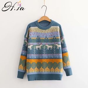 H.SA European Fashion Women Winter and Oneck Long Sleeve Deer Print Christmas Knit Sweater Pull Jumpers 210417