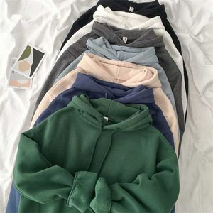 Velvet förtjockad huva tröja kvinnor Casual solid långärmad löst pullover toppar kvinnlig hajuku grön blå höst hoodies 210930