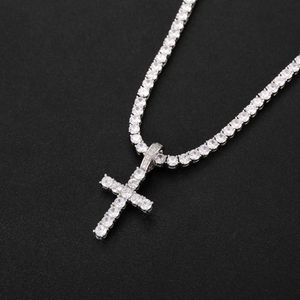 2021 Mode Iced Out Zircon Cross Pendant med 4mm Tennis Chain Halsband Set Mäns Hip Hop Smycken Guld Silver CZ Hängsmycke Halsband