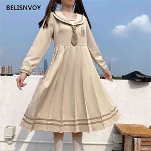 Japonês Kawaii Mulheres Vestido Estilo Colégio Estudante Laço JK Uniforme Alta Cintura Manga Longa Apricot Blue Plissado MIDI ES 210520