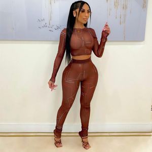 Women's Two Piece Pants Sheer Mesh See Through Letter Print Long Sleeve Crop Top Set Tracksuit Women Bodycon Outfits