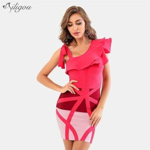 Summer Ladies Ruffled Sexy One-Shoulder Patchwork Rayon Tights Bandage Mini Dress Elegante Celebrity Party 210525