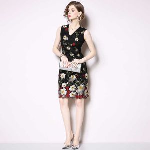 夏の女性の花刺繍メッシュドレス黒のカジュアルなノースリーブの美しさの中空アウトパーティー薄いES Vestidos 210529
