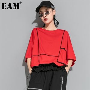 [EAM]女性レッドポケット分割ジョイントビッグサイズTシャツラウンドネック3四半期スリーブファッションスプリングサマー1U622 210623