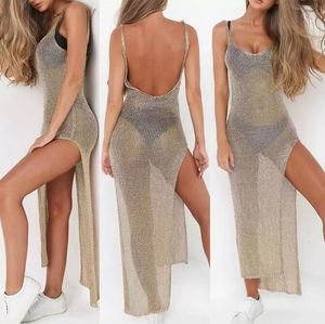 Women Sexy Summer Sunscreen Sheer Mesh Bikini Cover Up Metallic Solid Color Backless High Slit Beach Club Party Sleeveless Dress